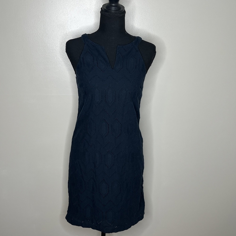 Banana Republic Navy Blue Eyelet Shift Dress V-neck Size 0